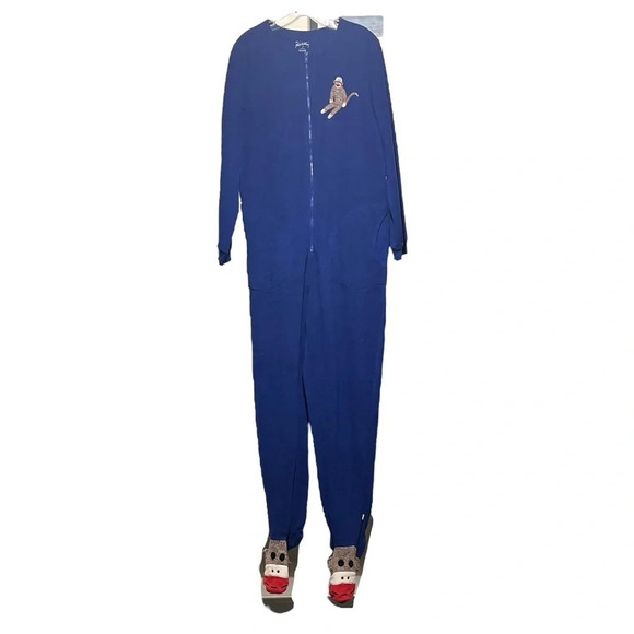 Nick & Nora Sock Monkey Footed Pjs Pajamas M Sleepwear Royal Blue Fleece Pocket - Picture 1 of 12